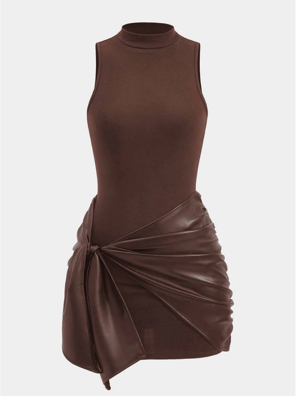 Mock Neck Brown Mini Dress with Draped Knot Skirt
